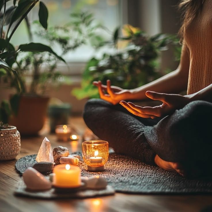 Mujer meditando en un entorno urbano